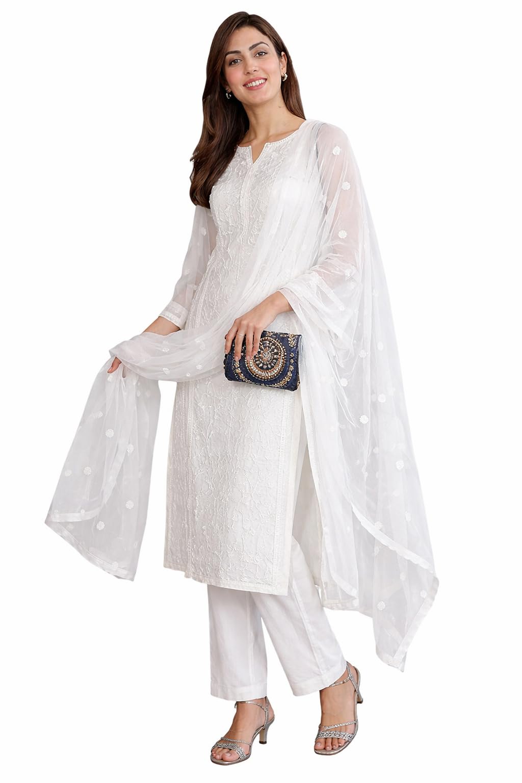 yashika Women's White Crepe Embroidered Kurta Pant Dupatta Set with Floral Thread Work, Sheer Sleeves and Matching Net Dupatta-picture-25
