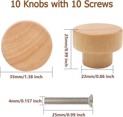 Miniatura 7 de 10 pomos de madera redondos con parte superior plana para gabinetes de 1.39 pulgadas (1.378 in) de madera sin acabar, pomos de cajones de armario de
