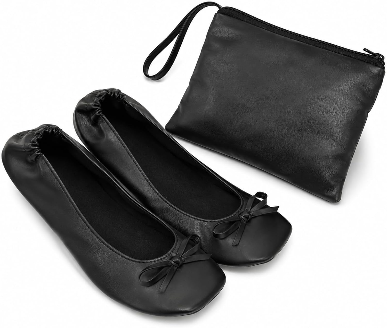 Foldable Flats for Women Black Fold Up-Flats for Travel Office, Ballet Flats Shoes for Purse, with Zipper Pouch, US 8-8.5 (248mm)