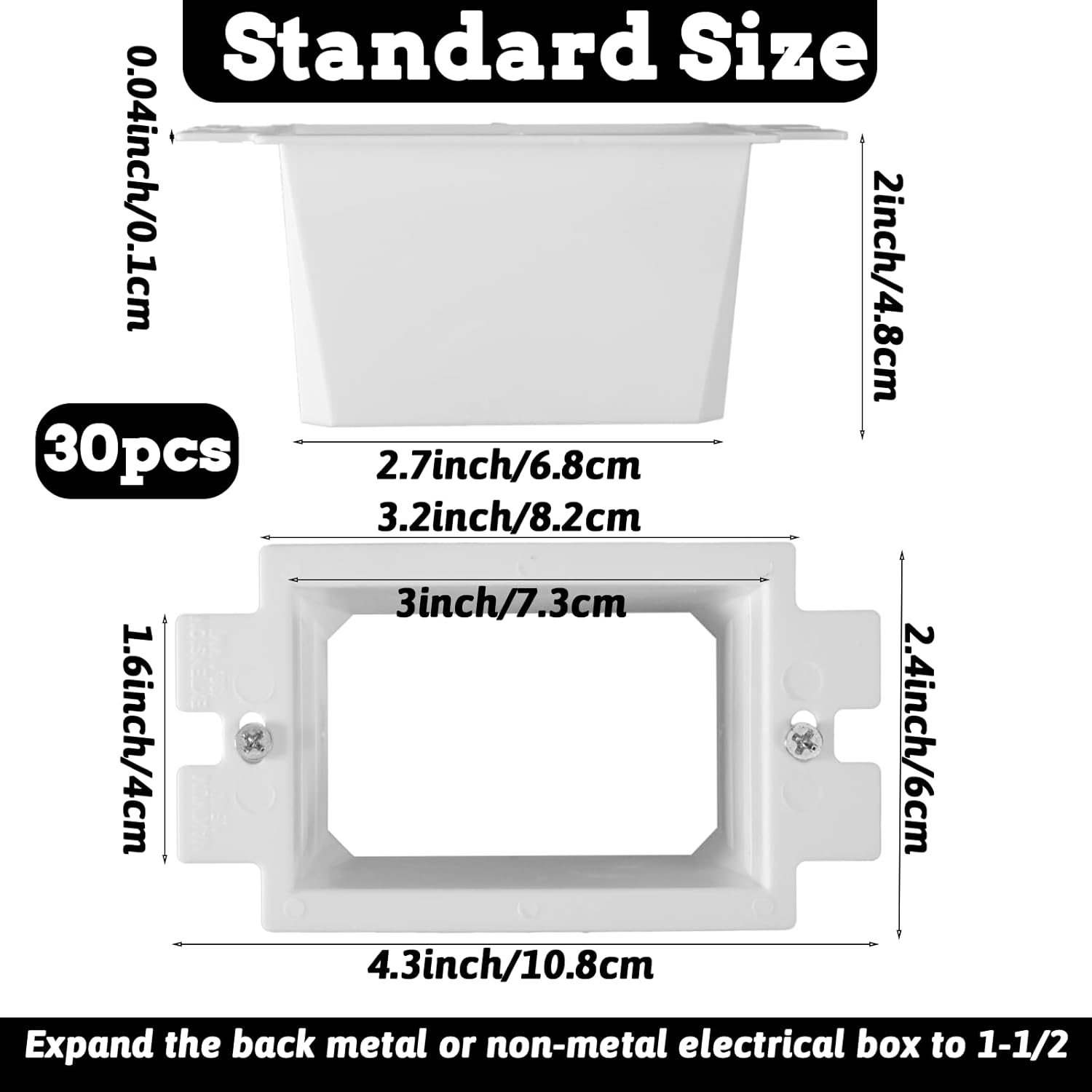 BE1-2 Electrical Outlet Box Extender with 60 Screws, 30 PCS 1-Gang Electric Extension Box Kit Single Gang Weatherproof & Fire Rated PVC Electrical Power Switch Receptacles Accessories