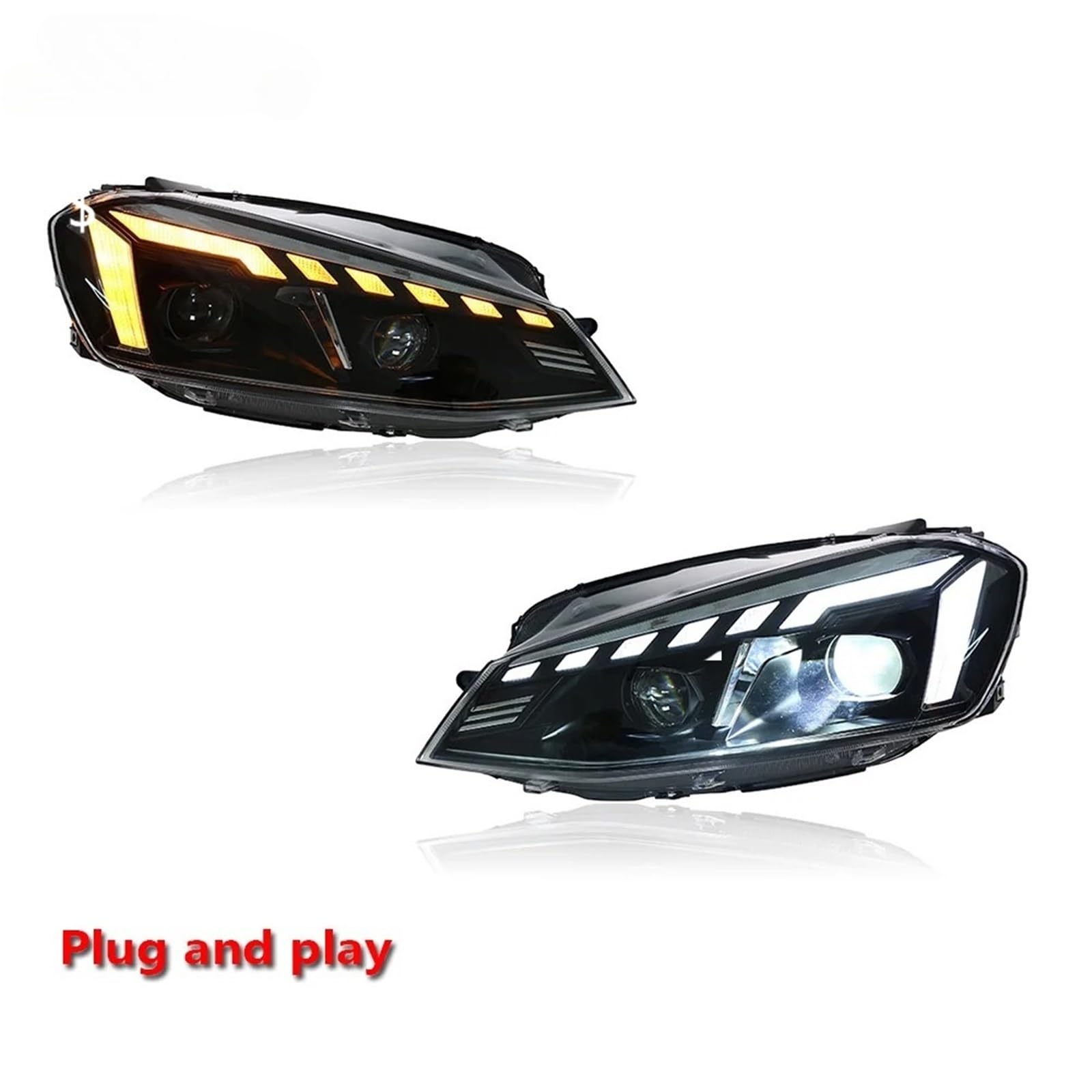 Fari Anteriori per VW Golf 2013-2017 con fendinebbia, luci diurne, luci di Stop e indicatori di direzione. Installazione Semplice (Plug And Play).