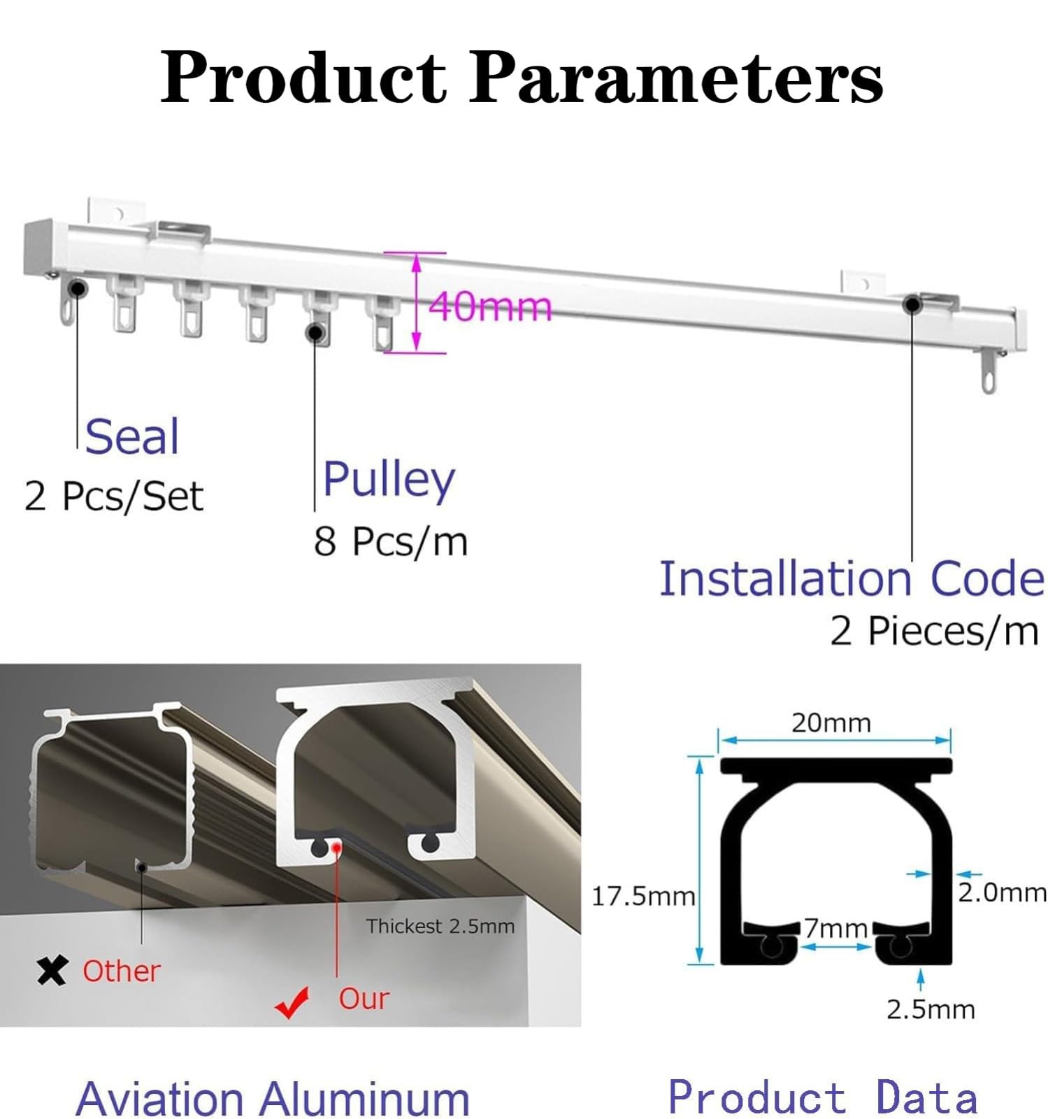 Système de rail de rideau coulissant robuste en aluminium de 1 à 5 m – Fixation au plafond et au mur avec supports et rouleaux pour salon, chambre à coucher et hôtel, blanc, 270 cm de long