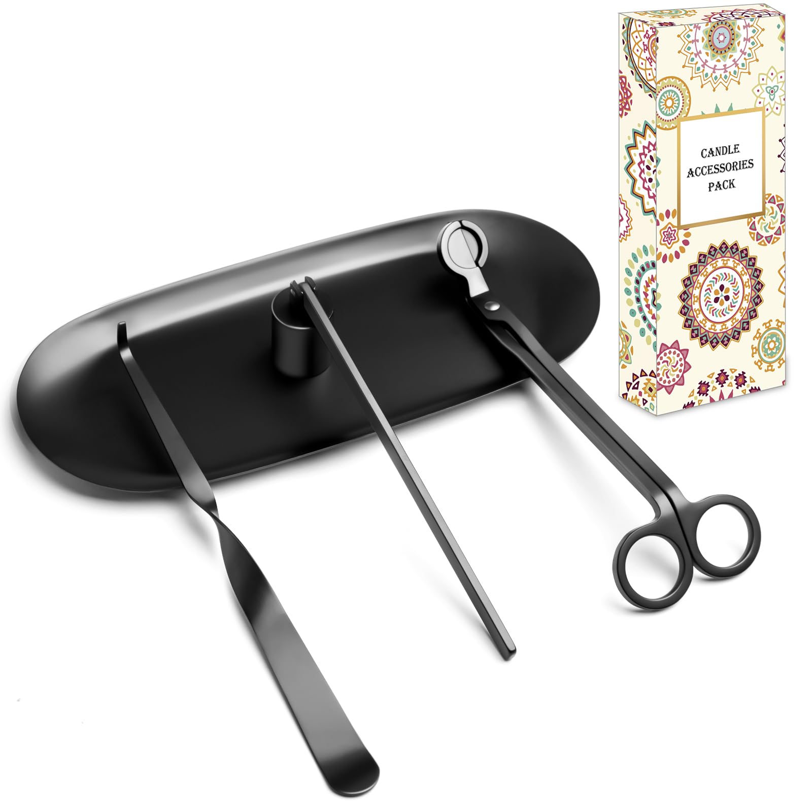 4-IN-1 Kerzenzubehör Set – Elegantes Edelstahl-Kerzenpflegewerkzeug mit Kerzenlöscher, Dochtschere, Dochtzieher und Kerzenuntersetzer, Kerzenliebhaber, Schwarz