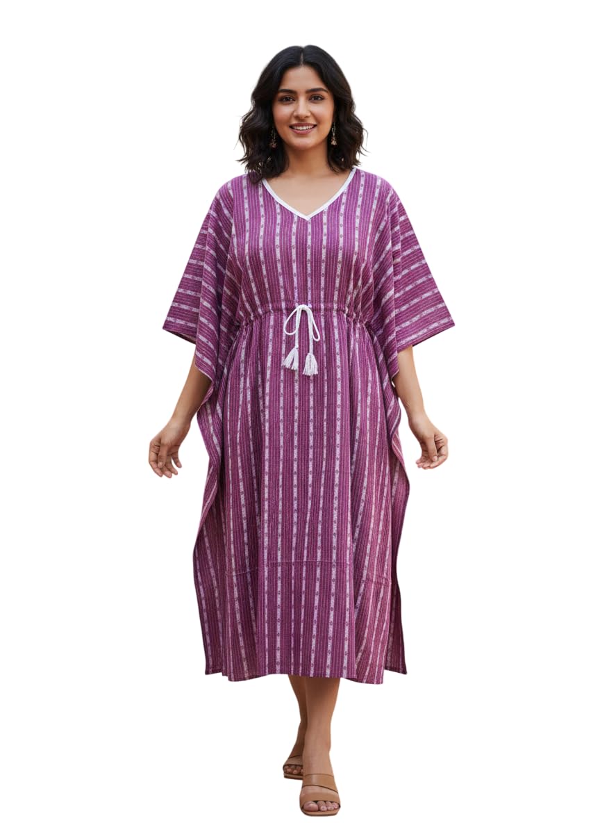 Women's Cotton Kaftan - Night Dress Loungewear Relaxed Fit Midi Dress - Free Size Kantha Work Caftan