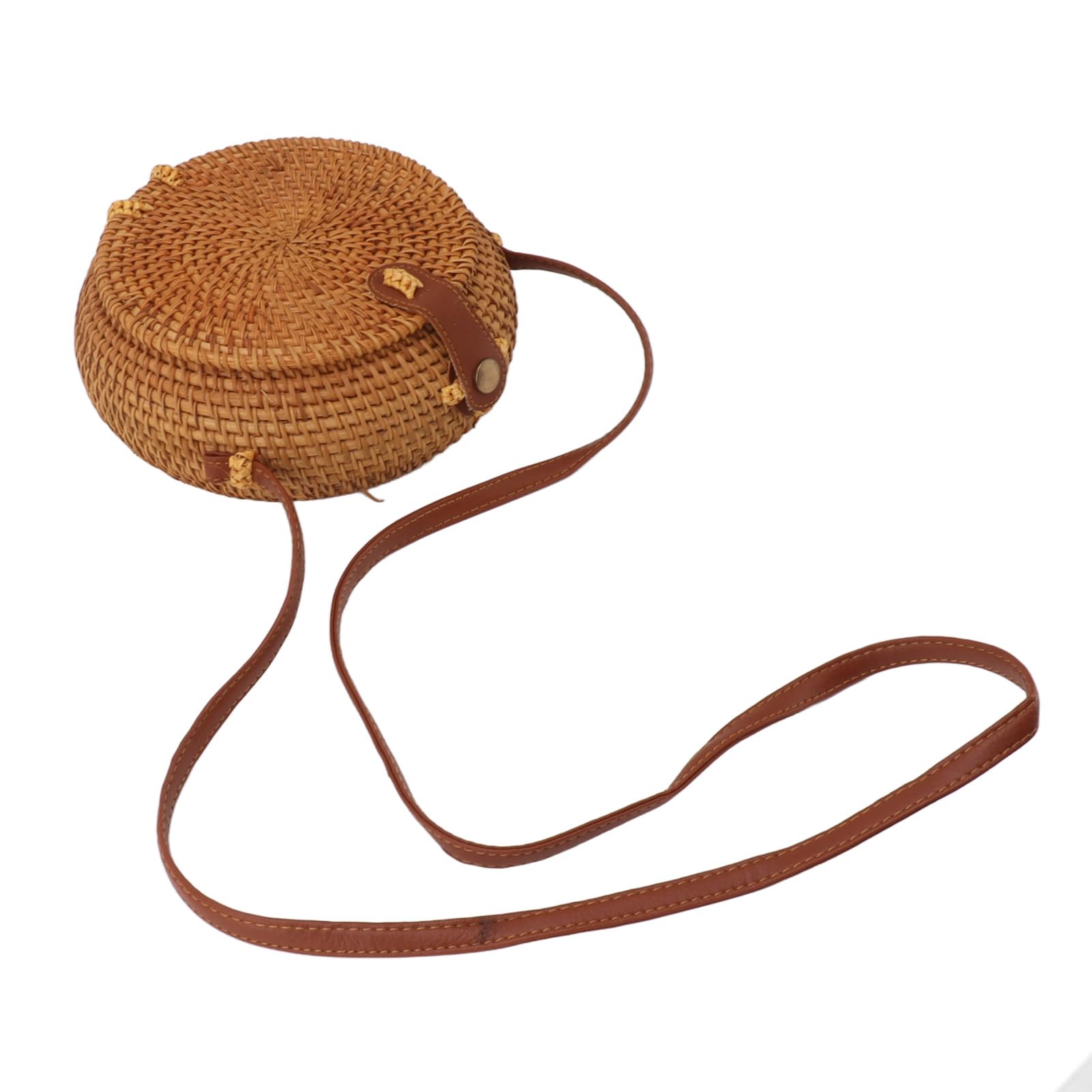 Round Rattan Straw Bag Handwoven Round Rattan Bag Tote Basket Circle Boho Bag with Leather Strap for Travel