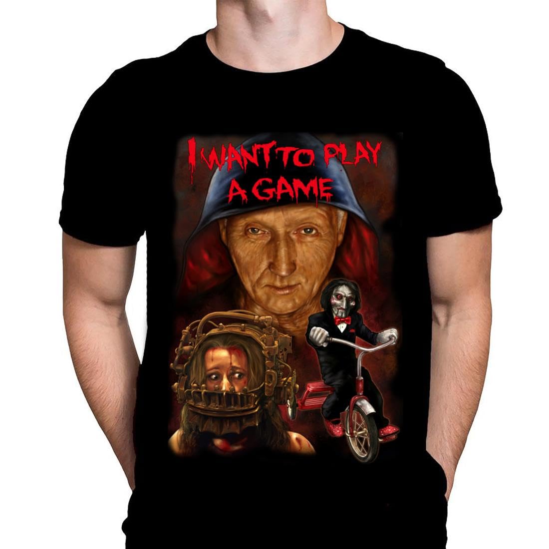 I Want to Play A Game Mens Tshirt Horror Film Print, Black Cotton T-Shirt, Movie Poster Tee