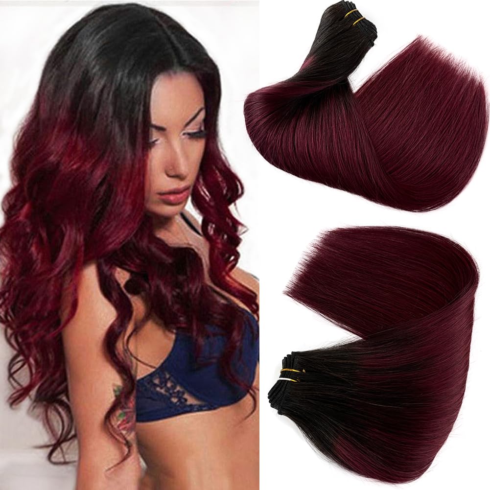 Sew in Human Hair Extensions Hand Tied Weft Hair Bundles with Dark Roots #1B99j Ombre Burgundy Weft Real Hair Extensions 20 Inch 100G Sew in Weft Hair 99J Colored Double Weft Sew in Extensions 20 Inch #1B/99J Burgundy Sew In Weft