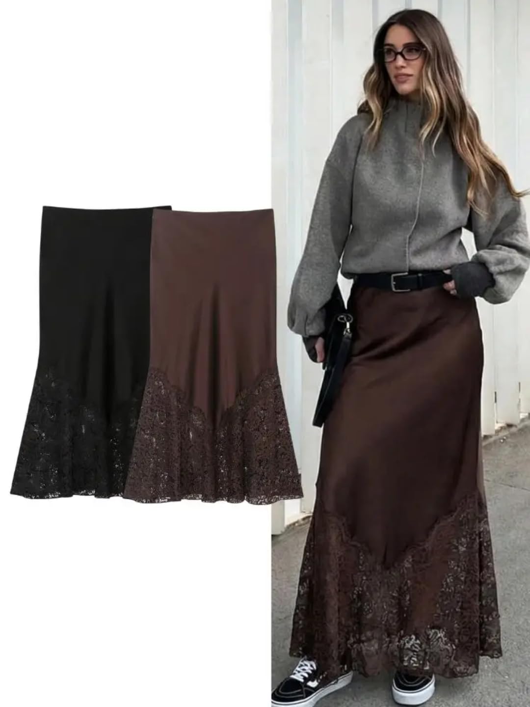 Faldas De Tubo Mujer Vintage Sexy Encaje Retallado Falda Larga con Encaje Frontal Falda De Fiesta Femenina