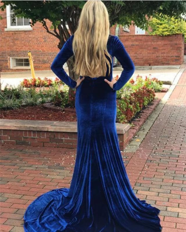 Women's Deep V-Neck Velvet Prom Dresses Long Mermaid Court Train Evening Party Gown with Long Sleeves SZPD023