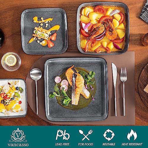 Image of vancasso Stern Gray Dinnerware Set Square Reactive Glaze Tableware 16 Pieces Kitchen Dinnerware Stoneware Crockery Set with Dinner Plate, Dessert Plate, Bowl and Soup Plate Service for 4