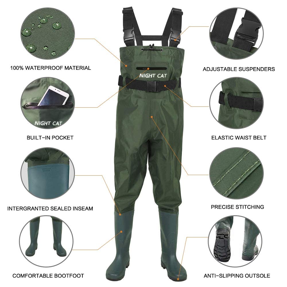 Night Cat Guêtres de pêche pour hommes et femmes - Imperméables - Avec ceinture de marche - Respirantes - Légères - Taille 6 à 14
