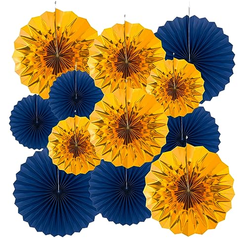 Image of MOWO Royal Blue and Gold Paper Fans Wall Decoration, 12pc | Ceiling Hanging Decoration, birthday graduation wedding retirement baby shower new year valentines day party decoration