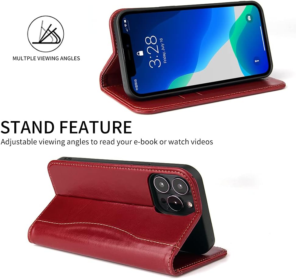 Genuine Leather Flip Case for iPhone 13 Pro,Classic Gun Leather Wallet Case Magnetic Closure Kickstand Card Slot