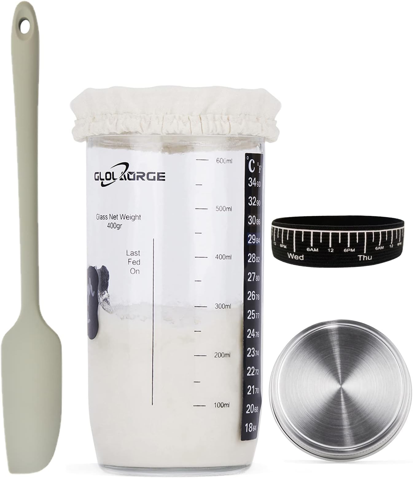 Sourdough Starter Jar, Sourdough Starter Kit with Thermometer, Labels, Spatula, Cloth Cover & Stainless Steel Lid, 24 Oz Wide Mouth Sourdough Starter Container