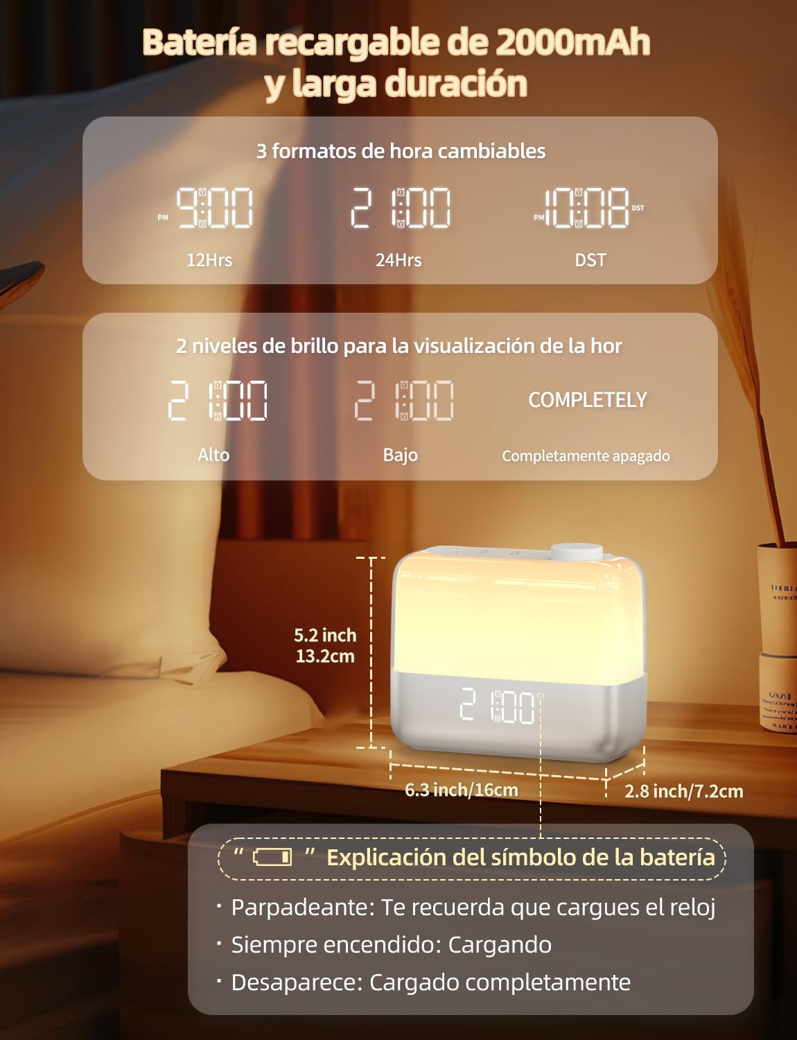 Reloj despertador digital con luz de amanecer y alarma doble para dormitorio