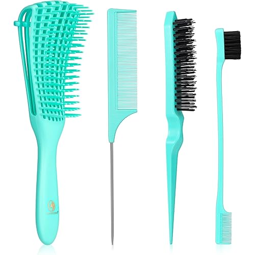 BRUSHZOO Hair Brush with Hair Styling Comb Set, Detangling Hair Brushes for Women Men Kids Curly Hair, HairBrush Set with Detangler Brush Teasing Hair Brush Rat Tail Comb Edge Brush (Green)