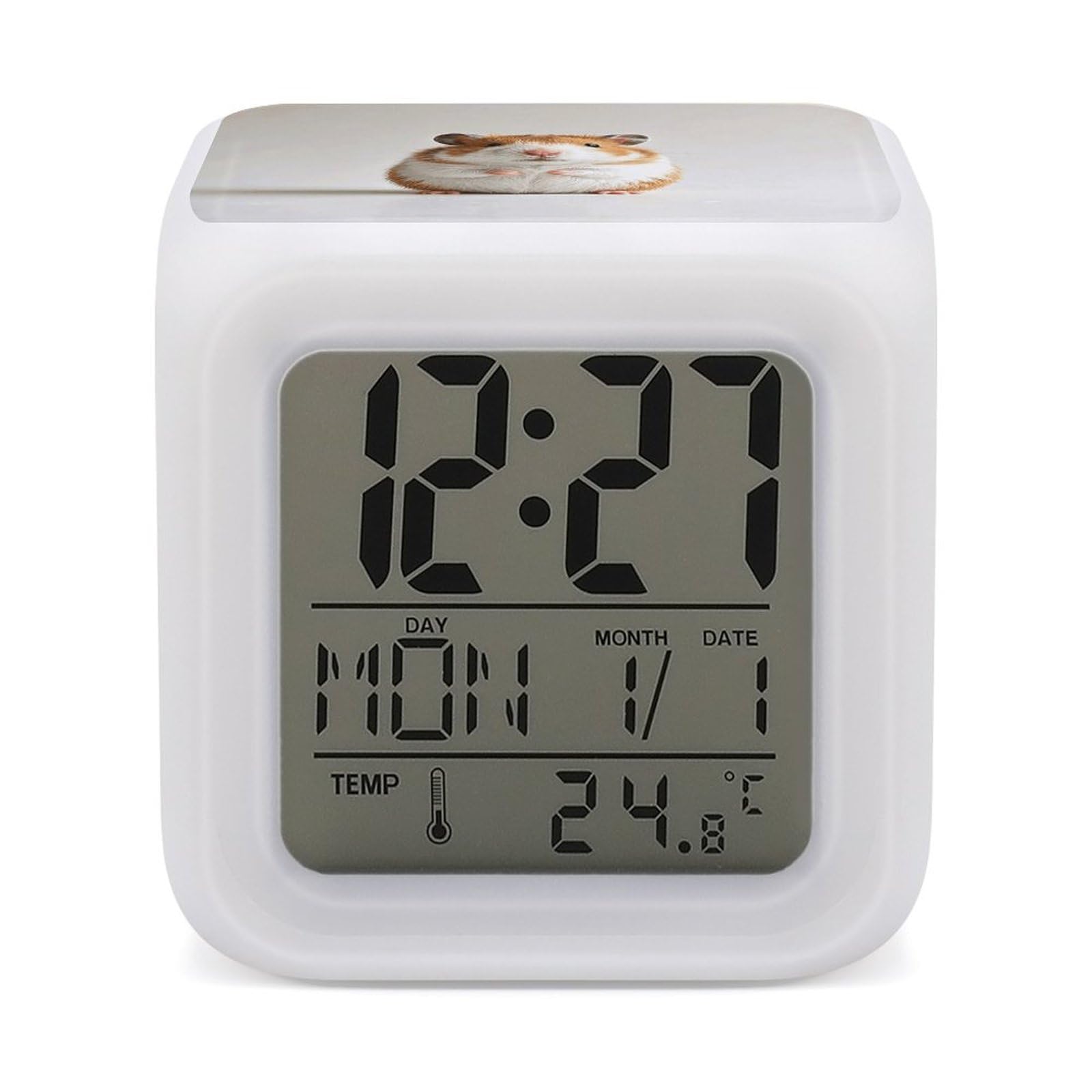 FodPand 7 Color Ambient Night Light Cube Battery Operated Hedgehog Digital Clock with Snooze Temperature LED Digital Alarm Clocks Dimmable Wake Up Light Portable Mood Lamp for Bedroom Desk Gift