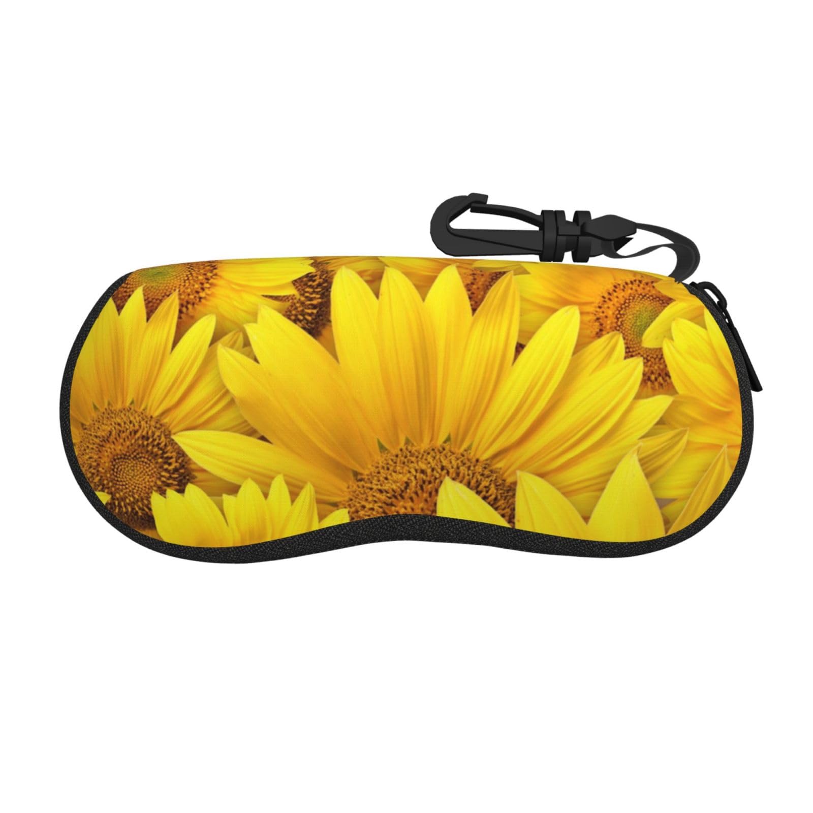 Cykazhst Unisex Black Sunflowers Print Eyeglasses Case, Portable Neoprene Zipper Sunglass Case Travel Glasses Pouch With Hook For Men Women