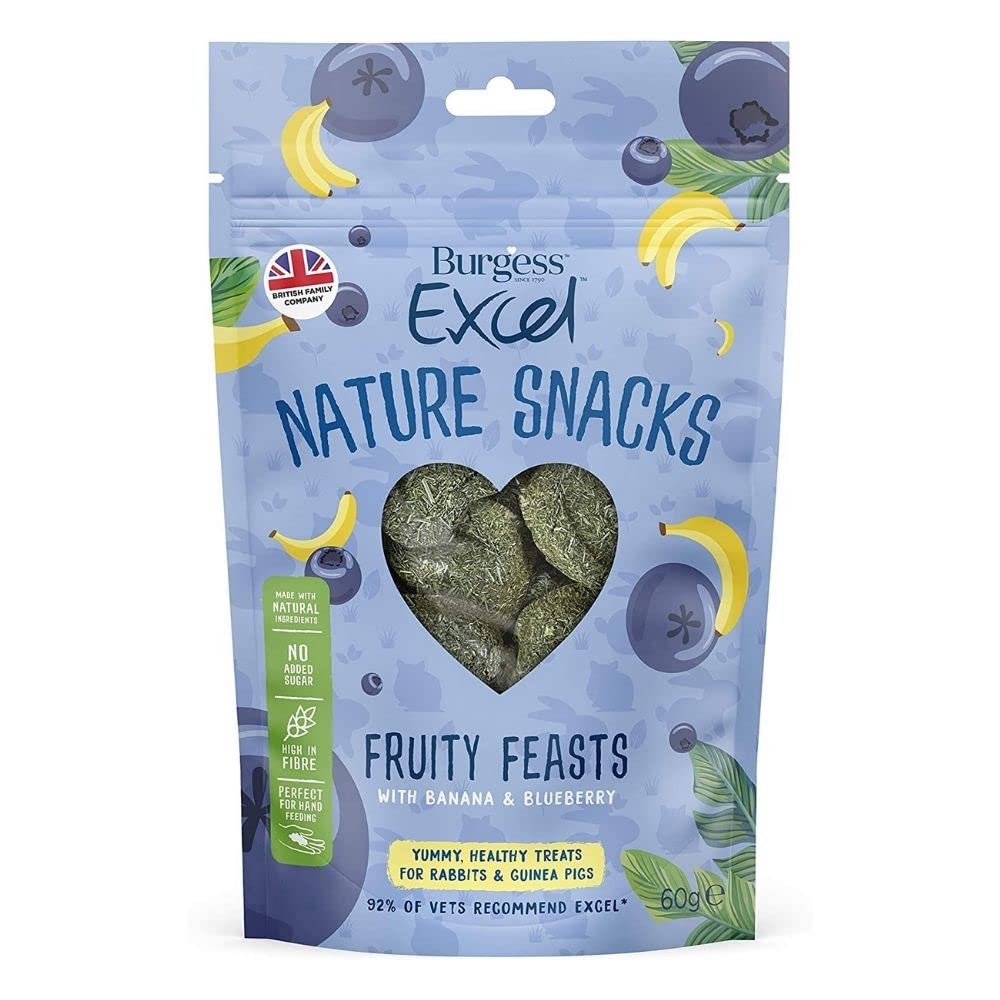 Burgess Excel Fruity Feasts Rabbit & Guinea Pig Treats - 360g - Rabbit & Guinea Pig Baked Treats Made with Banana & Blueberry - High Fibre, Small Animal Snacks (Pack of 6)