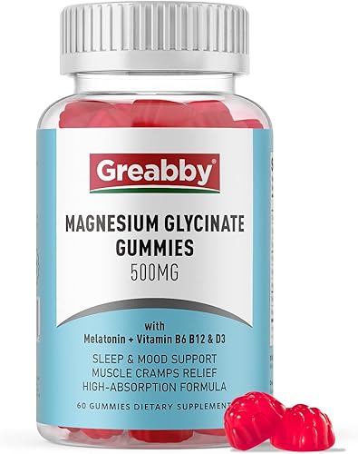 Gomitas de glicinato de magnesio de 500 mg con melatonina, vitamina B6, B12 y D3, suplemento de sueño tranquilo, gomitas de magnesio para mujeres y