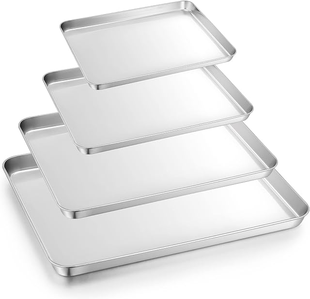 Baking Tray Set of 4, Onader Stainless Steel Oven Trays Rectangle Cookie Sheet Pan, Perfect for Baking Cooking Serving, Non Toxic & Healthy, Heavy Duty & Durable, Mirror Finished & Dishwasher Safe