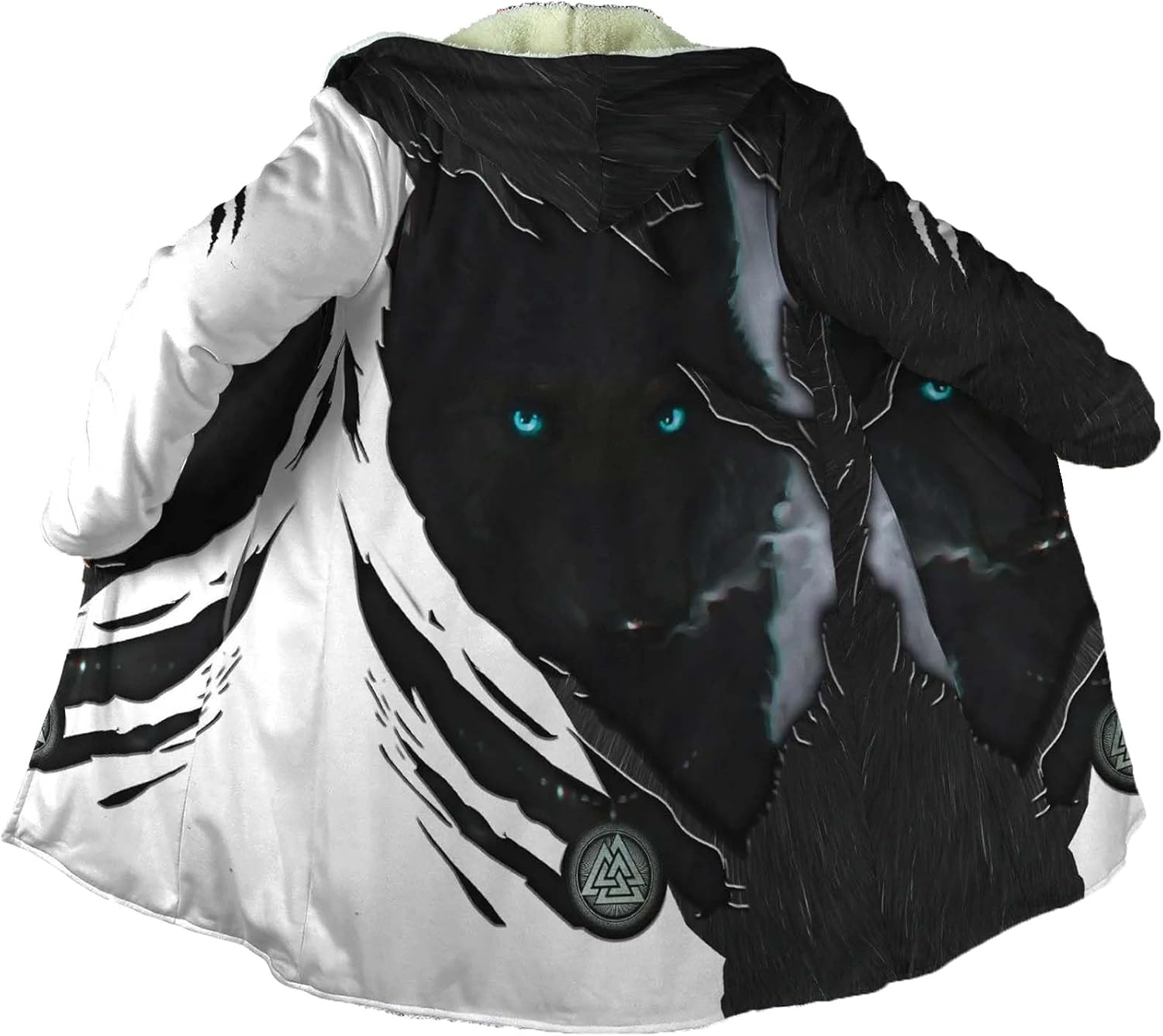 Viking Men's Hooded Cloak, Norse Mythology Celtic Wolf Tattoo 3D Full Print, Winter Warm Faux Cashmere Coat