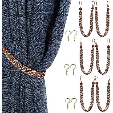 HILELIFE Curtain Tiebacks Pack of 6 - Curtain Holdbacks Decorative Handmade Curtain Holder Buckle Curtain Ties Home Kitchen Curtain Tie Back with Hooks (Brown) Cover