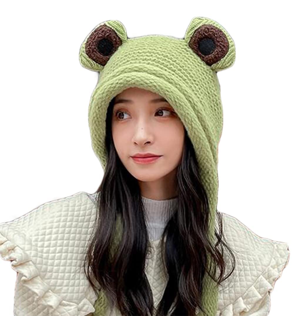 Cute Beanie Hat For Women Fashion Slouchy Knit Skull Beanie Hat Cute Plush Warm Frog Beanies Hat Winter Casual Beanie Hat, green
