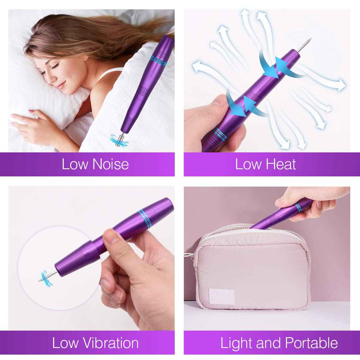 Skymore Professional Electric Nail Drill Set, Portable USB Nail File Manicure & Pedicure Tools, 11 in 1 Acrylic Finger Toe Nail Care Kit, 16 Sanding Bands and 1 Nail Clipper (PURPLE)