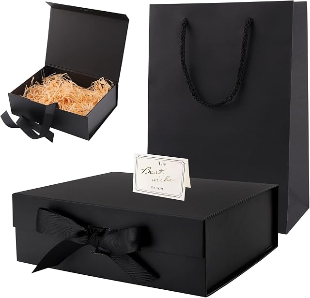Luxury Magnetic Gift Box,Rectangle Gift Box with Magnetic Lids,Silk Ribbon,Greeting Card,20 Grams Shredded Tissue Paper and Paper Gift Bag Folded Gift Boxes for Present Birthdays Anniversary Black