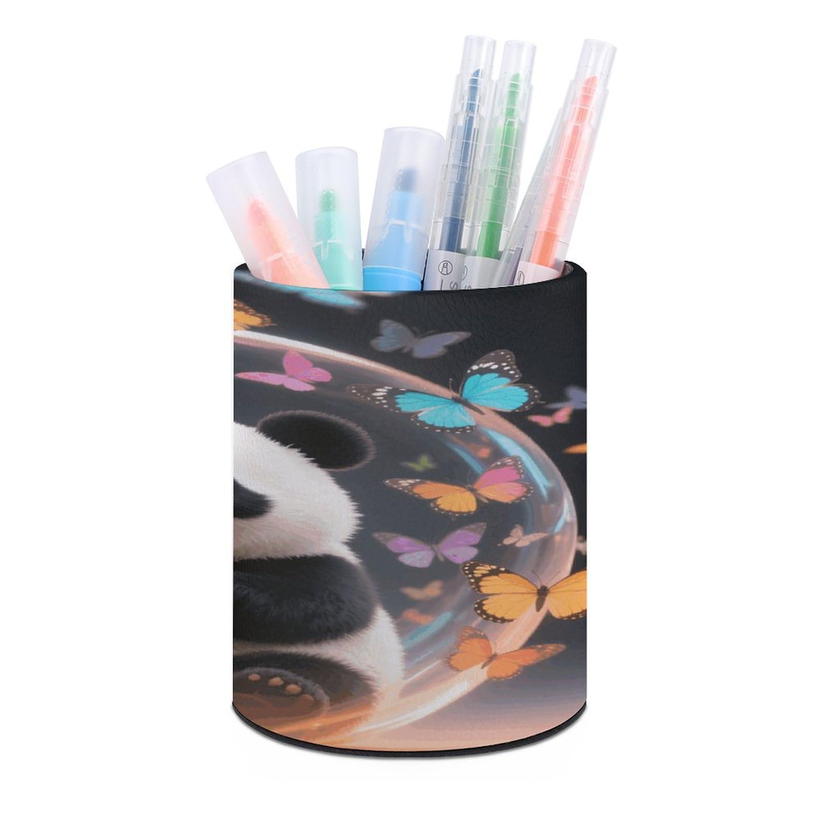 VstaDank Orange Bubble Windmill Panda Pen Holder Round Pencil Holder for Desk Organizer PU Leather Pencil Cup Makeup Brush Holders Modern Pen Cup Large Pen Organizer for Office Home Ideal Gift