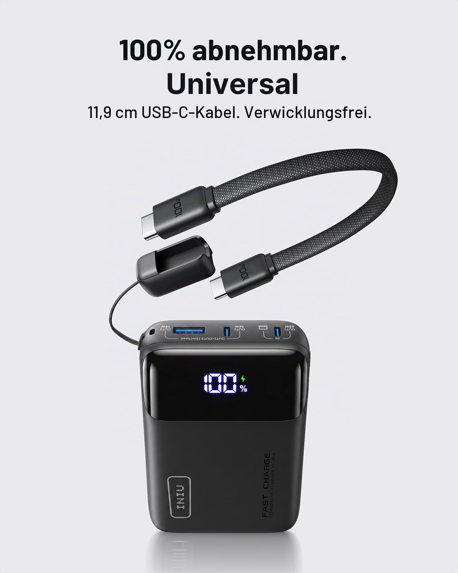 INIU 65W Laptop Power Bank, Small 20000mAh Schnellladung Externe Handyakkus | Angebrachtem USB C Kabel, Flugtauglich, Reise-Essential, für MacBook, Steam Deck, iPhone 17/16/15 Pro, Samsung, iPad uvm