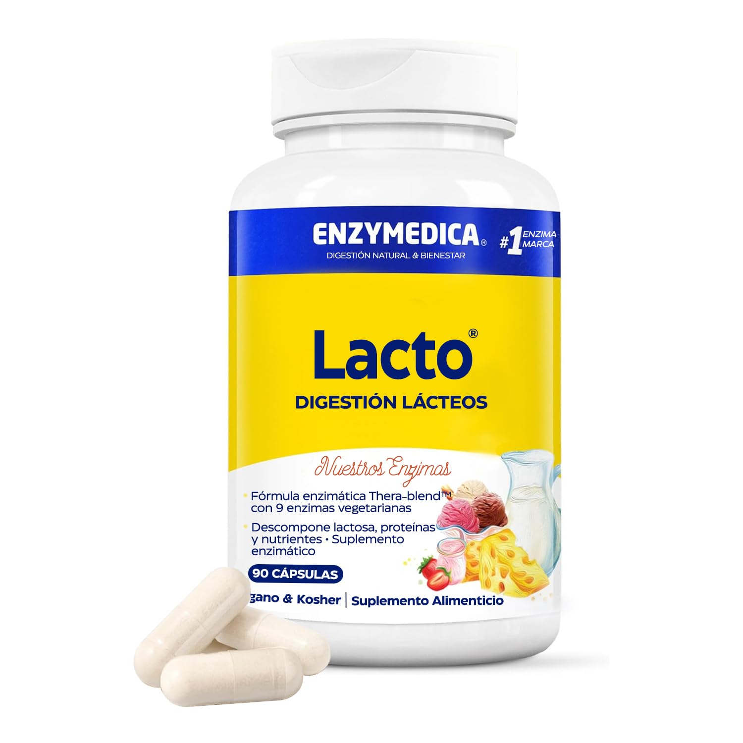 Enzymedica, Lacto, Fórmula Enzimática de Acción Rápida para la Intolerancia a Lactosa y a Caseína, contra la Contaminación Cruzada, Sin Gluten, Vegana, 90 Cápsulas