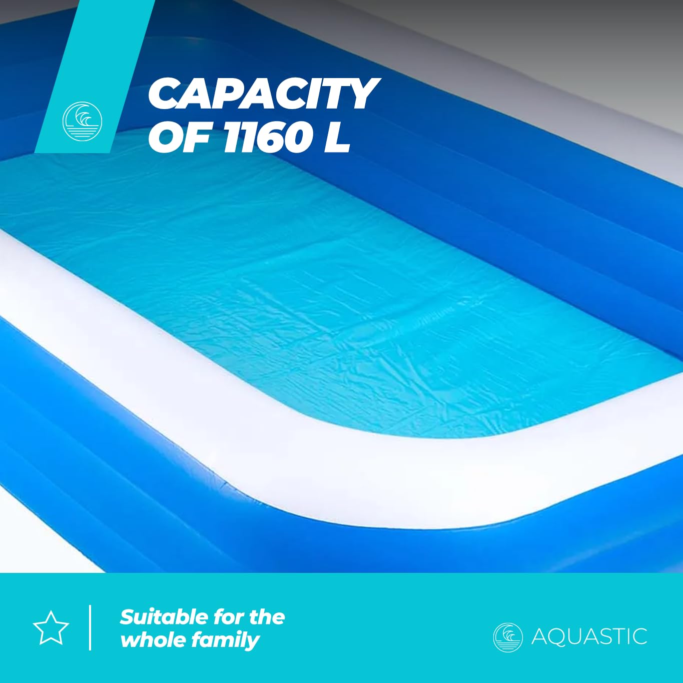AQUASTIC Aufblasbarer Kinderpool 305 x 183 x 56 cm blau | Vinylmaterial, 1160 l Volumen und Reparaturflicken für saisonale Nutzung im Garten oder auf der Terrasse