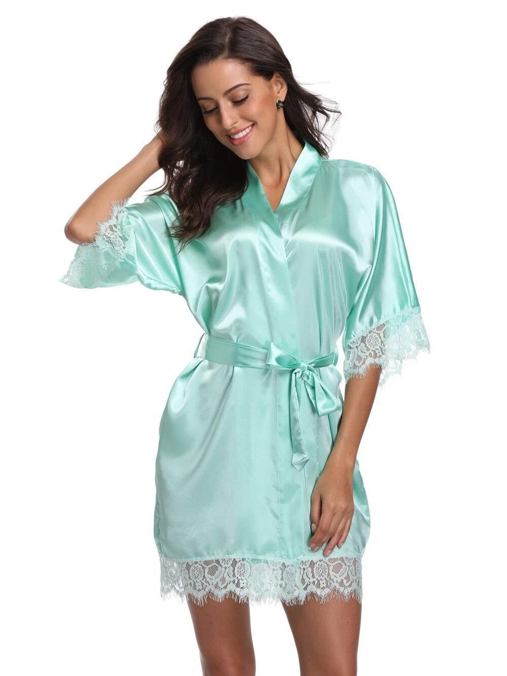 AJMDGW Women's Lace Trim Satin Robe Short Kimono Bathrobe Silk Nightgowns Bride Bridesmaids Loungewear for Getting Ready(Mint Green,M)