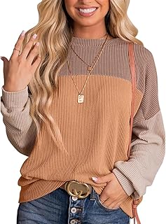 OLIPHEE Sudadera sin Capucha para Mujer Sudadera Patchwork Colores Sudadera Acanalada Cuello Redondo Jersey Mujer Camisetas de Manga Larga Sudadera Mujer Casual Otoño Invierno