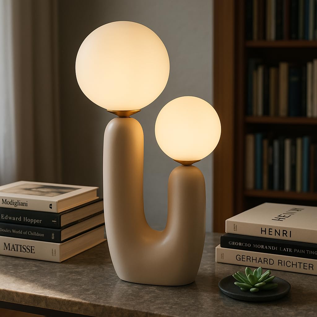 HDC Modern Dual Globe Table Lamp Soft Sand Finish Decorative Bedside Lamp Contemporary LED Desk Light Designer Accent Lamp for Living Room Bedroom Kids Room Study Office Home Decor Gift-image-40