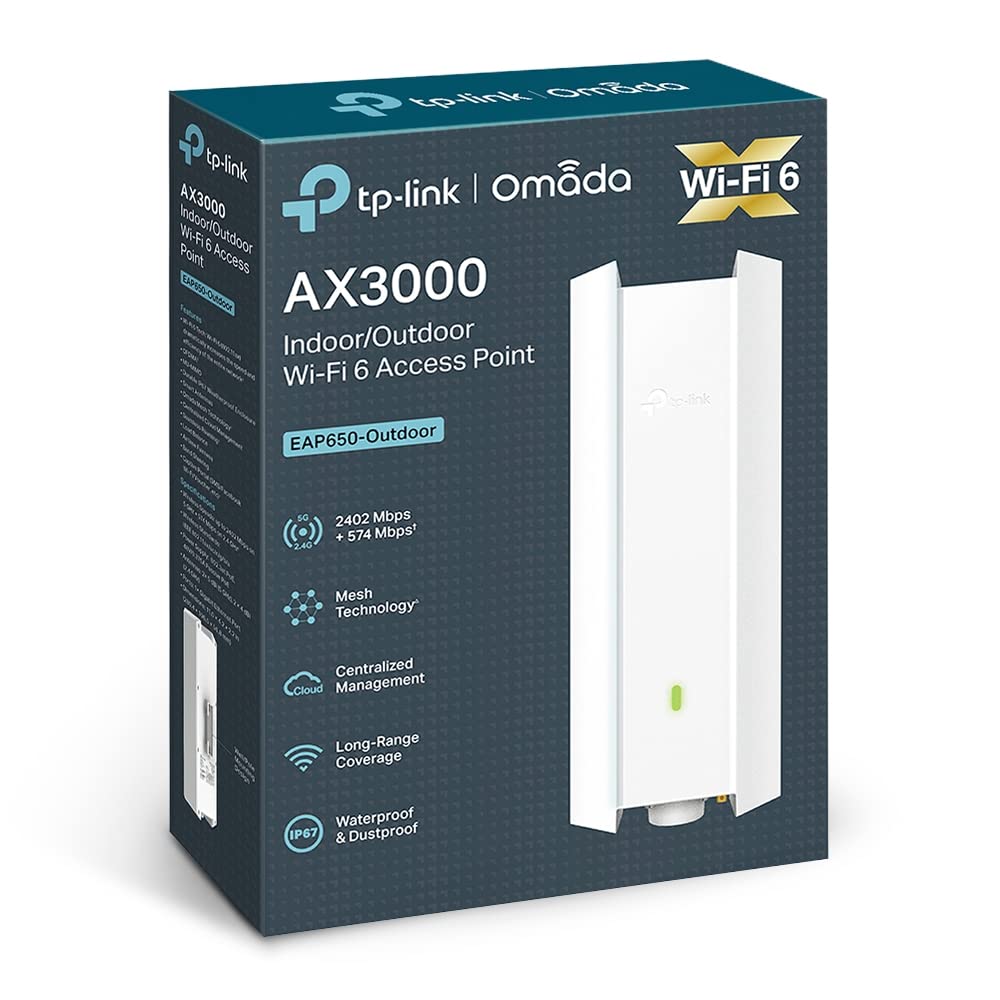 TP-Link EAP650 – Outdoor WiFi 6 Access Point, AX3000 Dual Band, PoE+ Powered, Weatherproof, Seamless Roaming, Extended Range, Omada Mesh, Cloud Management