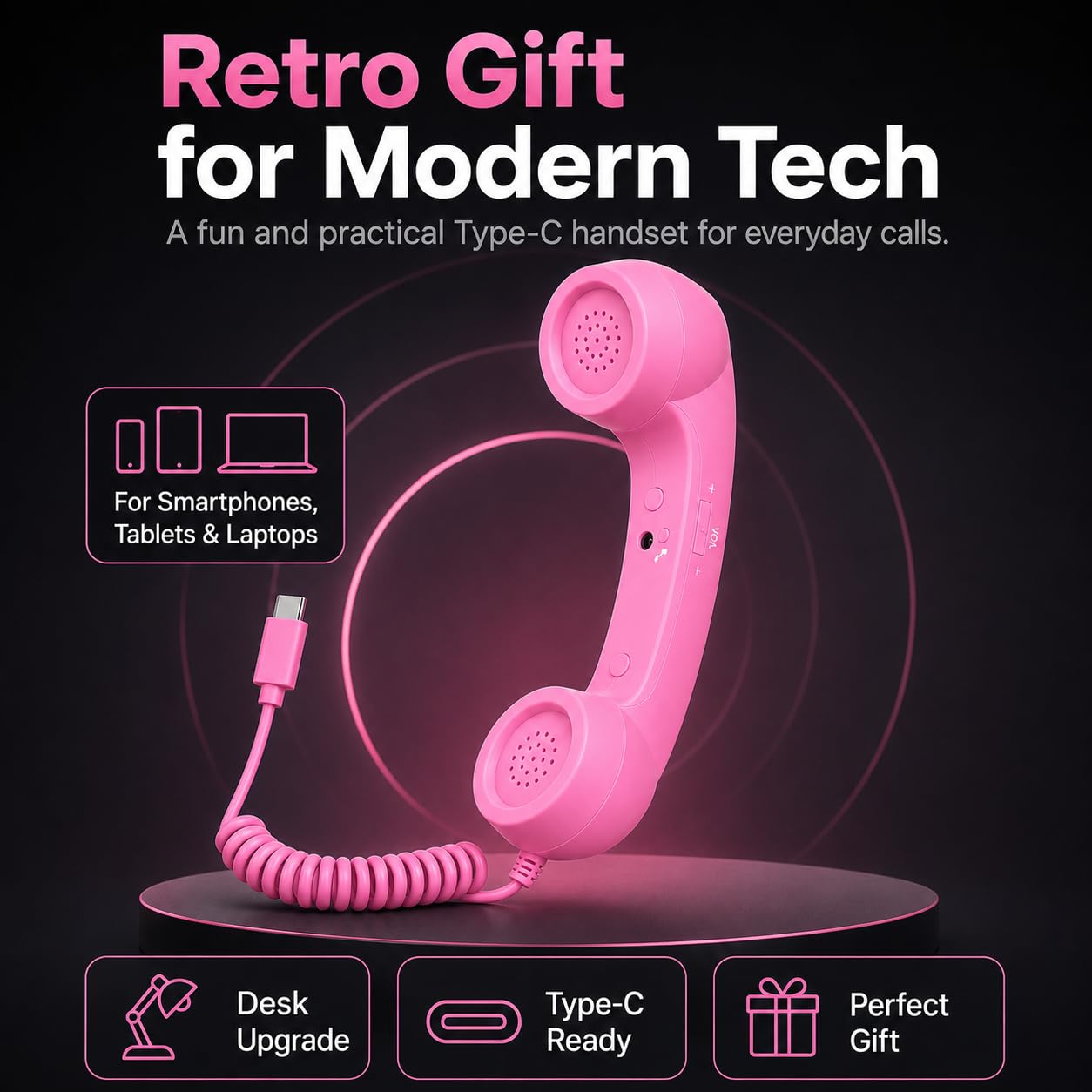 Street27 Retro Phone Handset Compatible with Type-C Smartphones, Tablets & Computers, Corded Telephone Receiver with Noise Reduction, Volume Control & Answer Button for Calls and Meetings (Pink) — Amazon image 7