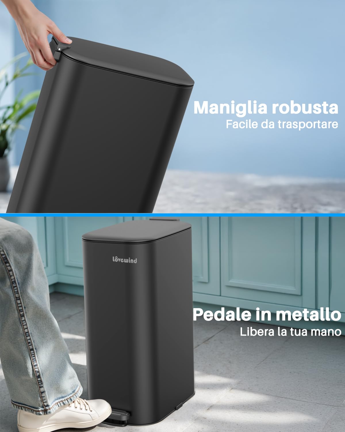 lovewind Cestino Metallico Stretto 30L con Pedale, Coperchio Silenzioso a 90°, Secchio Interno Rimovibile con Doppie Maniglie e Fori per Sacchi, Design Compatto per Cucina, Ufficio, Soggiorno