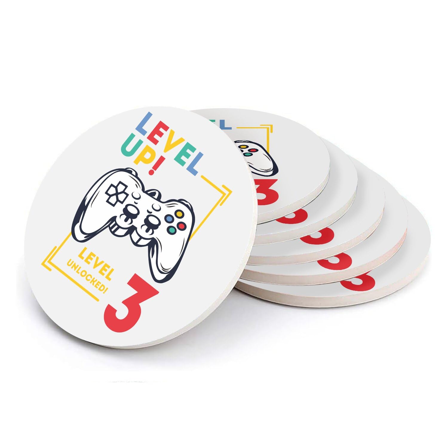 Sous verre ronds en céramique Level Up pour anniversaire enfant et fan de jeux vidéo - Lot de 6