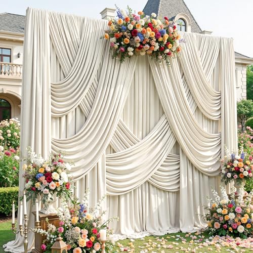 Image of 20ftx12ft Beige Backdrop Curtains for Parties, Wrinkle Free Polyester Beige Photo Backdrop Drapes 4 Panels 12 ft Long Back Drop Cloth for Wedding Birthday Photography Background