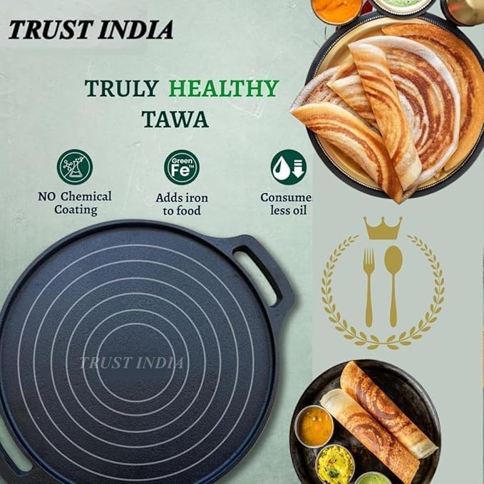 Image of Pre-Seasoned Cast Iron Tawa for Dosa /Chapathi /Roti | 29 cm, 2.5kg| Gas & Induction Stove-Friendly | Non-Stick, Pre-Seasoned Tawa, Long Lasting & Toxin-Free, No Chemical Coating, Black-AK