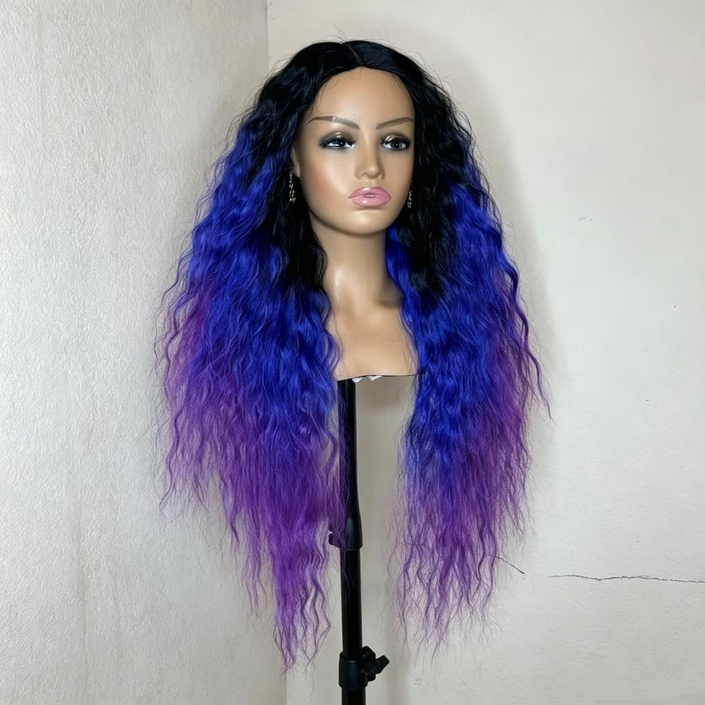 Haarpflege Blau Lila Perücke Ombré Schwarz 26 Zoll Lang Mittelteil Hitze