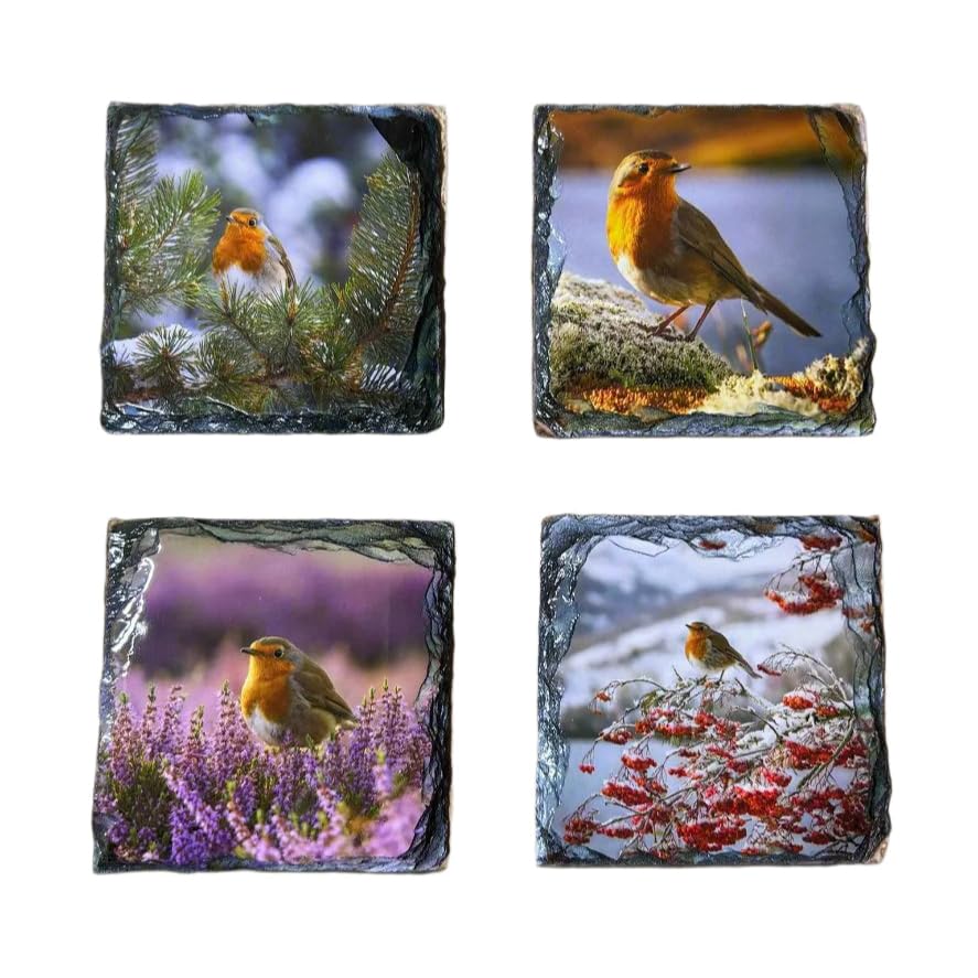 Slate Coaster Set – Robins in The Highlands Design –Handcrafted Natural Stone Drink Coasters –Rustic Home Decor,Scotland Gift for Him or Her
