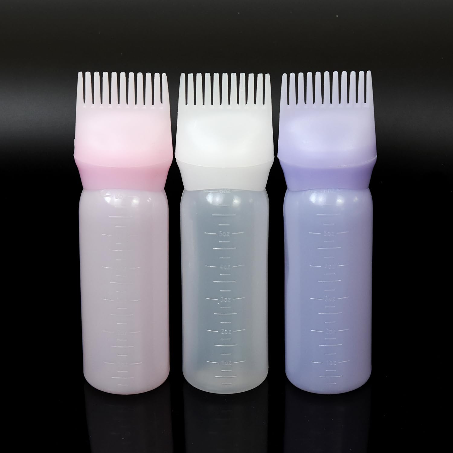 YANTAISIYU Root Comb Applicator Bottle 6 Ounce Hair Oiling Applicator 3 Pieces Hair Dye Bottle Hair Root Comb with Graduated Scale (Pink White Purple)