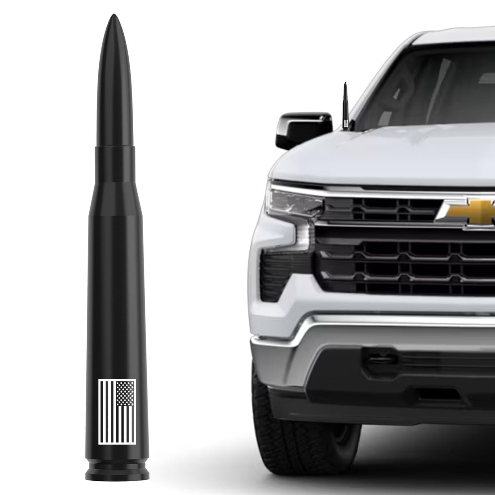 Engirette American Flag Car Truck Bullet Antenna Replacement Automatic Car Wash Safety - Anti-Theft Design for GM Chevy Silverado GMC Sierra 1500 2500 3500 HD Avalanche Accessories 1999-2025, Black