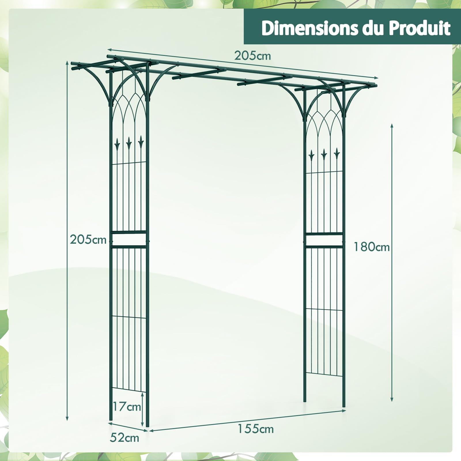 GOPLUS Arche de Jardin en Fer Forgé 205 cm, Treillis pour Diverses Plantes Grimpantes, Arche de Décoration Intérieure et Extérieure pour Cérémonie, Mariage, Jardin, 205 x 52 x 205 cm