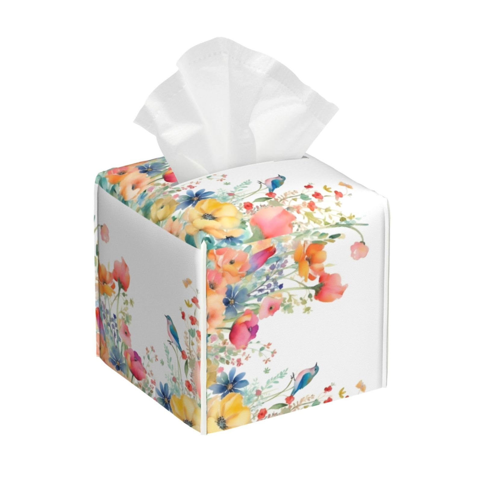 Square Tissue Box Cover, Leather Tissue Cube Box Holder, Watercolor Flowers Facial Paper Case for Tabletop, Bathroom, Car, Office 5.2"x5.2"x5.2"in