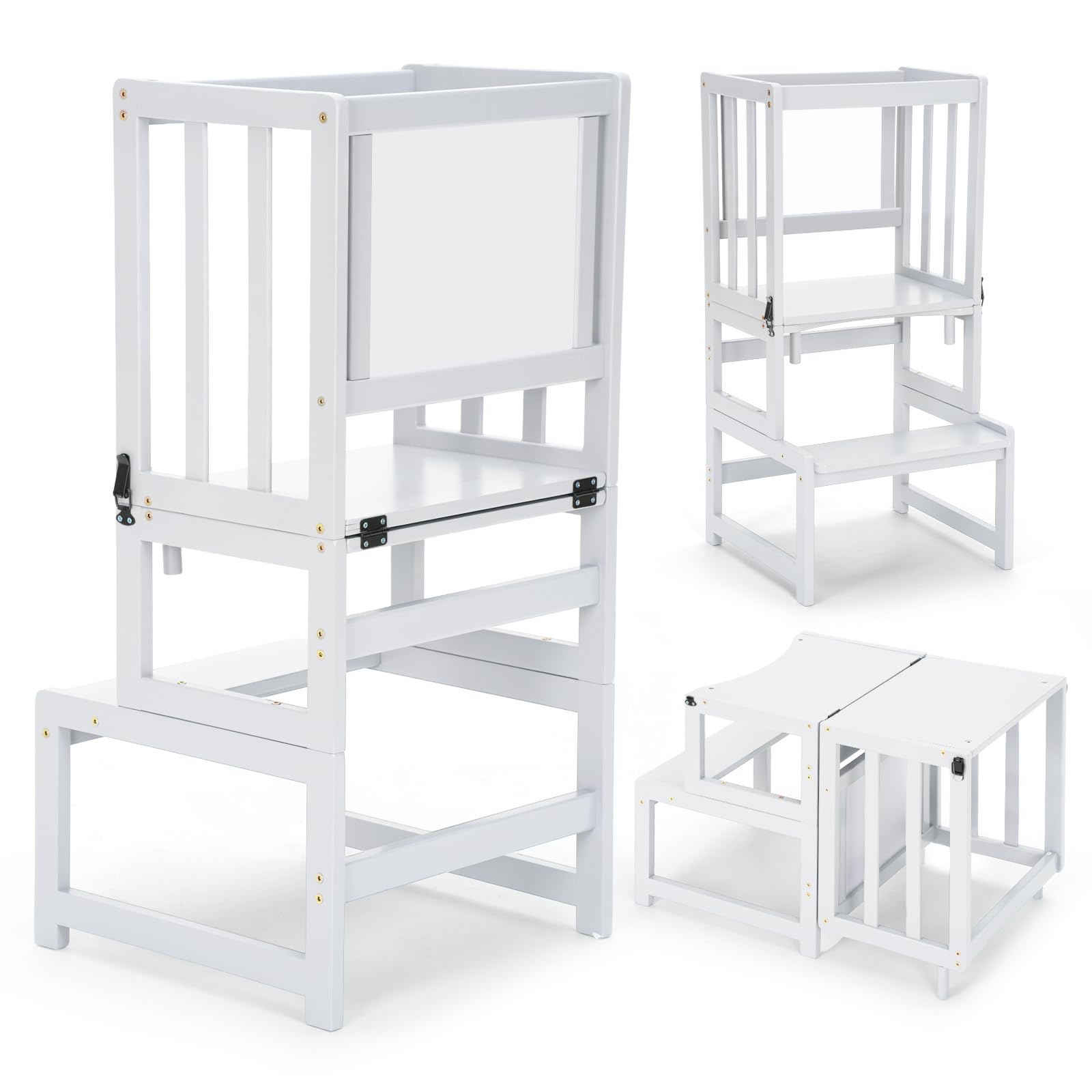 COSYLAND 3-in-1-Küchenhocker-Helfer für Kleinkinder, wandelbarer Stehturm mit Whiteboard für Kinder, Badezimmer, Küche, Theke, Helfer, Mutterhelfer, Lernhocker (Weiß)